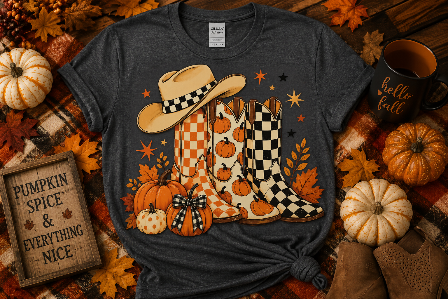 Pumpkin Cowgirl Boots Shirt | Checkered Fall Western Graphic Tee | Cozy Autumn Country Shirt