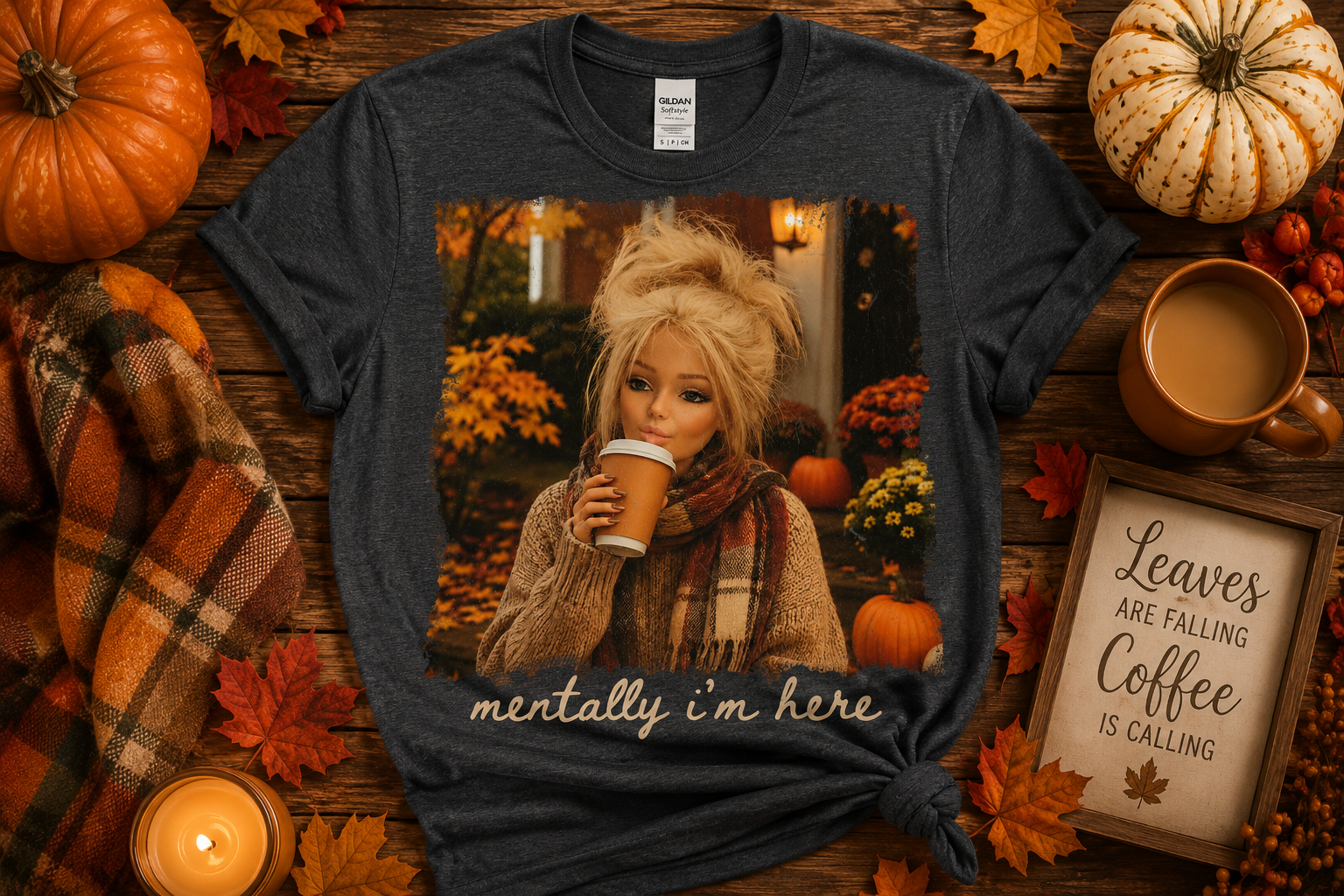 Mentally I'm Here Shirt | Cozy Fall Coffee Graphic Tee | Autumn Sweater Weather Shirt