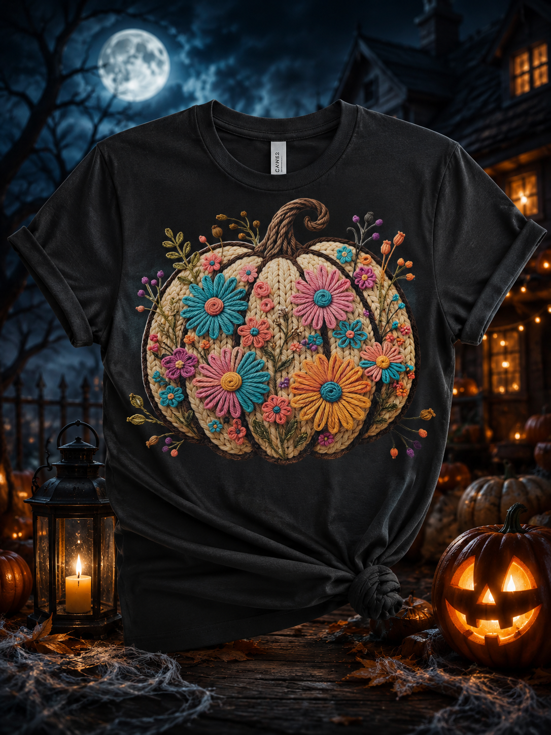 Cozy Floral Knit Pumpkin Shirt | Boho Fall Pumpkin Tee | Embroidered Look Autumn Shirt