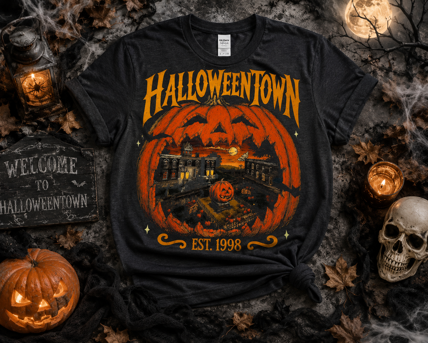 Halloweentown Est. 1998 Vintage Pumpkin Graphic T-Shirt | Softstyle Halloween Tee | Cozy Fall Shirt