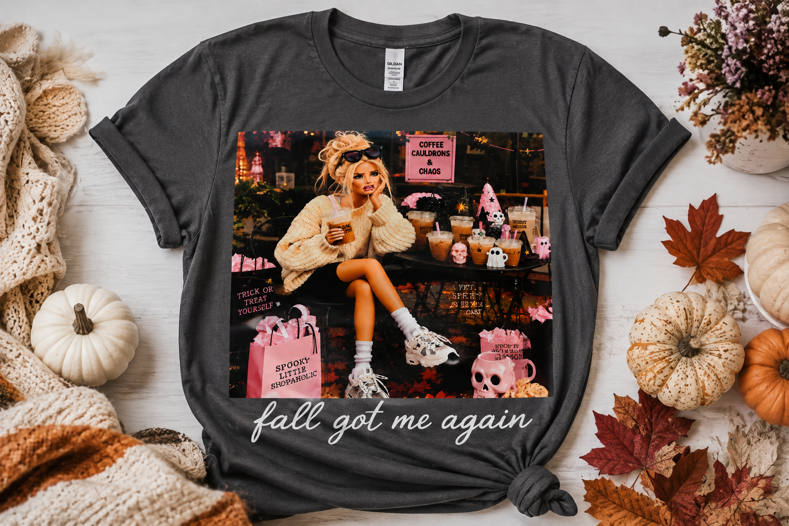 Fall Got Me Again Shirt | Cozy Coffee & Shopping Halloween Tee | Spooky Season Graphic Shirt