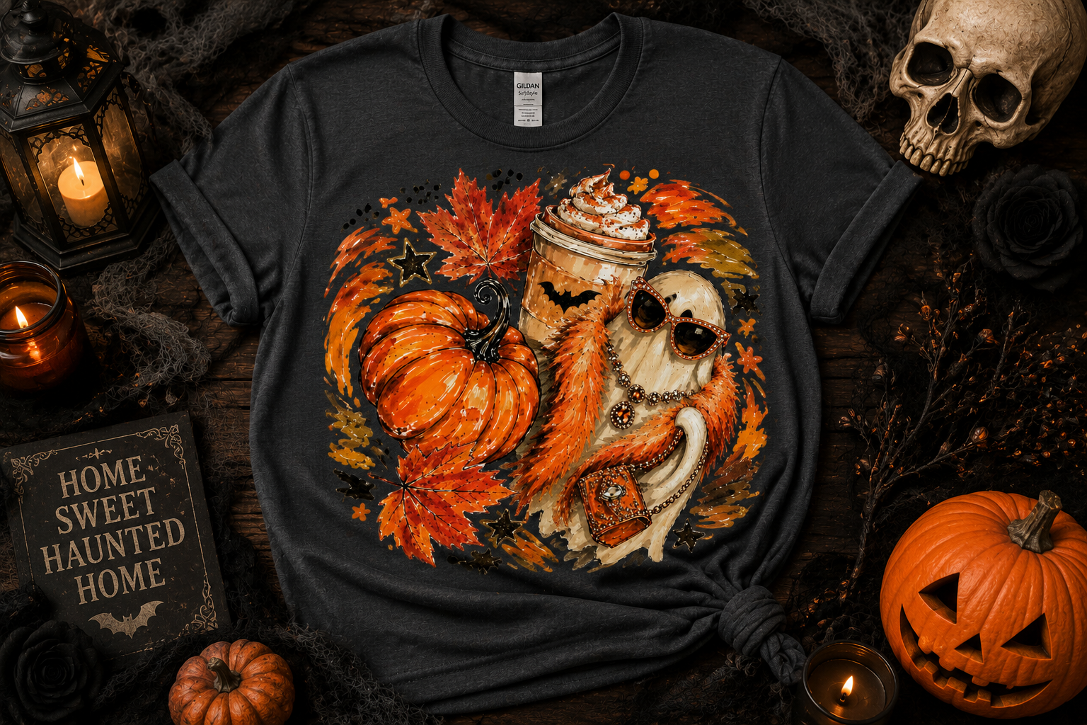 Glam Ghost Pumpkin Spice Shirt | Cozy Halloween Coffee Tee | Spooky Chic Fall Graphic Tee