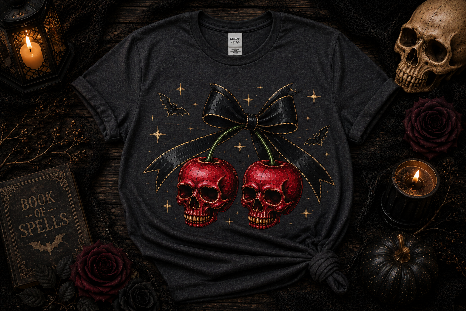Skull Cherry Halloween Shirt | Gothic Cherry Bow Tee | Spooky Coquette Graphic Shirt