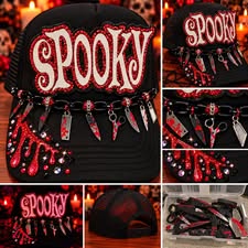 🩸👻 Spooky After Dark — Red Glow-in-the-Dark Horror Glam Trucker Hat