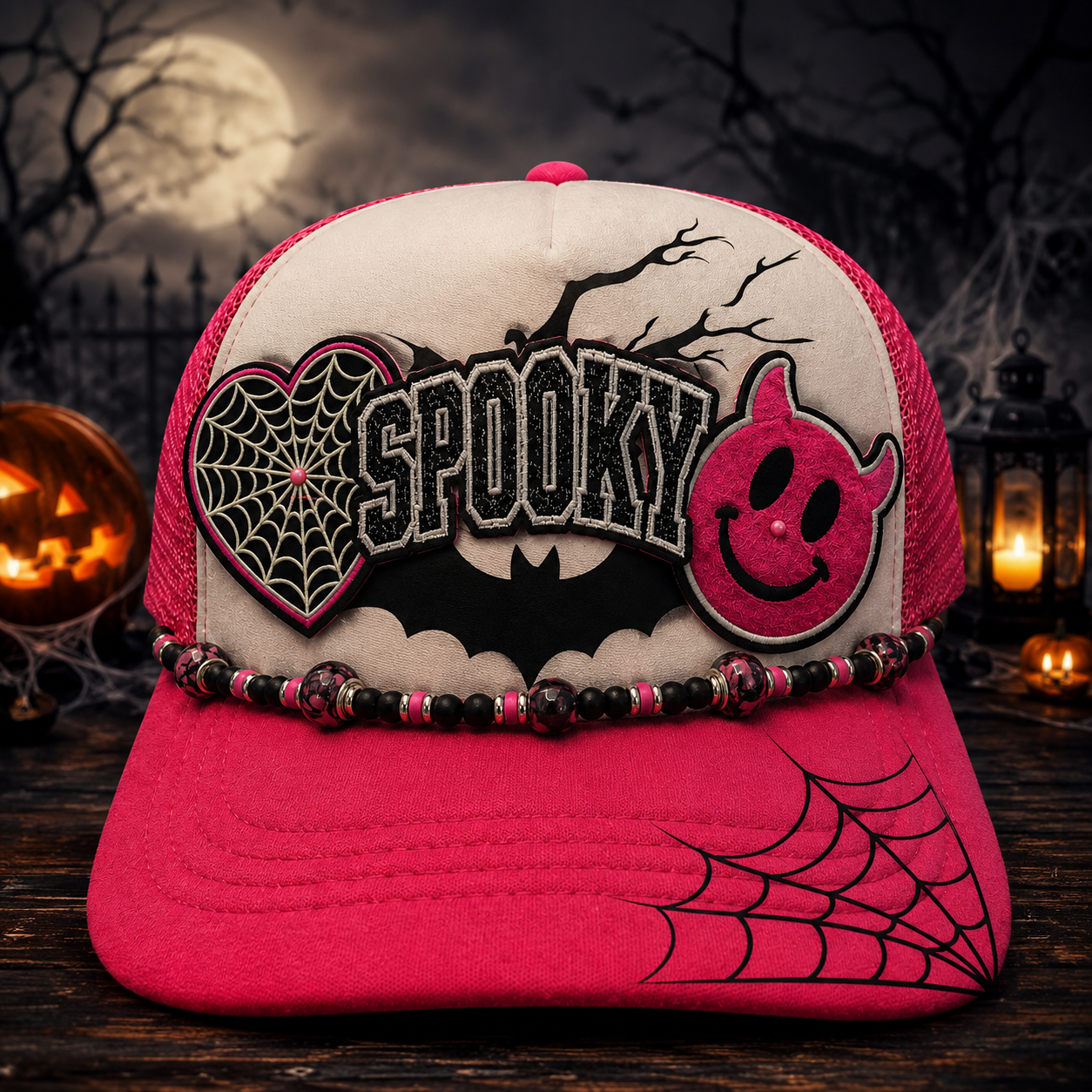 Spooky Vibes Pink Patch Trucker Hat | Handmade Halloween Hat with Hat Chain | Embroidered Heart & Devil
