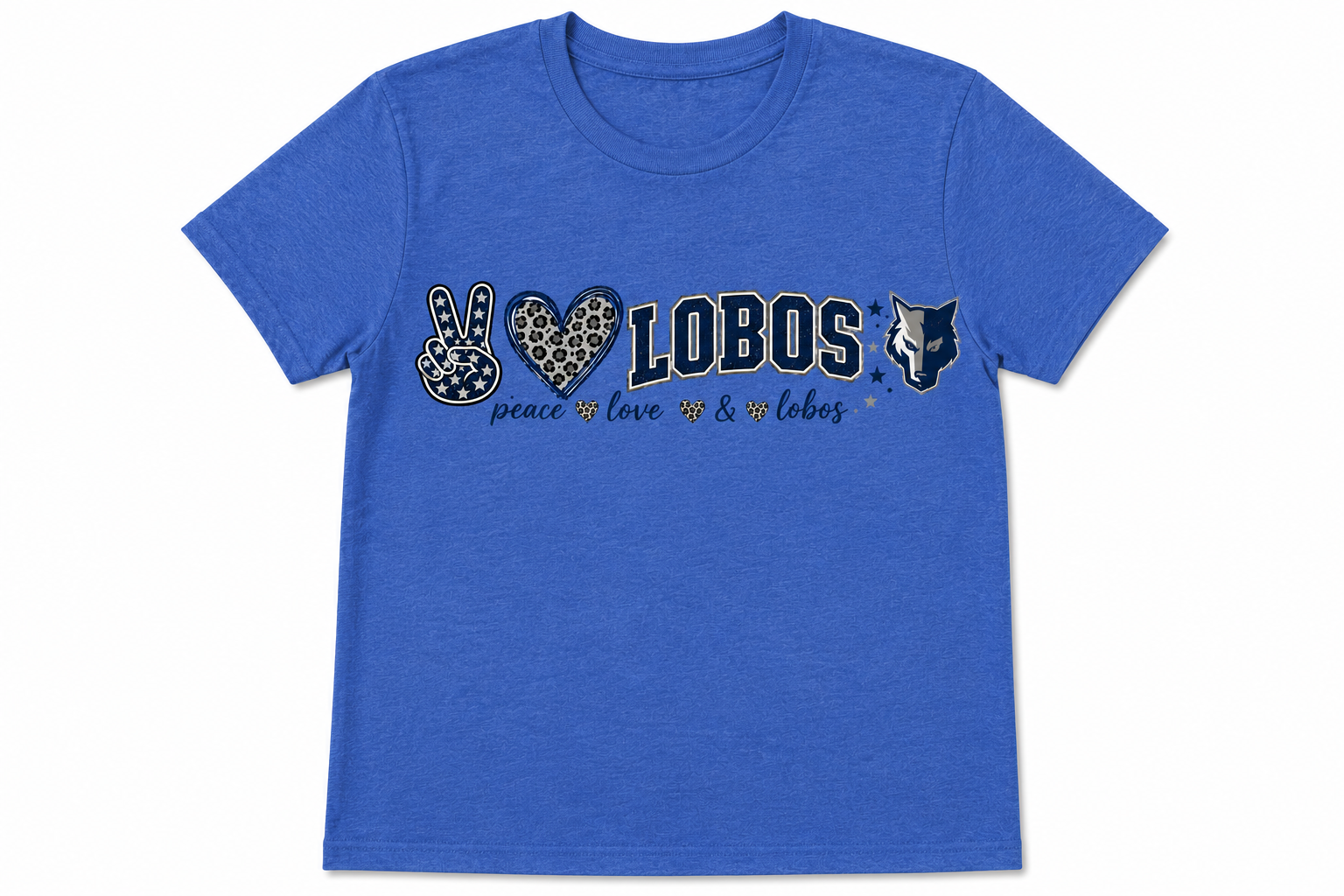 Peace Love Lobos Spirit Shirt | Youth & Adult Softstyle Tee | Lehman High School Game Day Shirt | School Spirit | Blue Leopard Fan Shirt