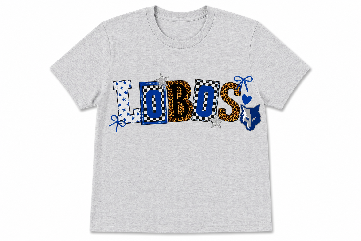 Patchwork Lobos Spirit Shirt | Youth & Adult Softstyle Tee | Lehman High School Game Day Shirt | Leopard & Checkerboard School Spirit