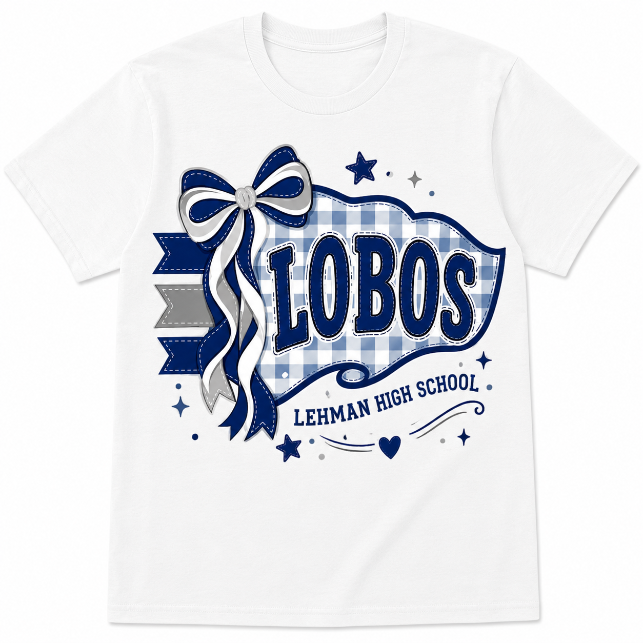 Lehman Lobos Gingham Bow Spirit Shirt | Youth & Adult Softstyle Tee | Blue School Spirit Shirt | Lehman High School Game Day Apparel