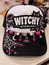 💕🧙‍♀️ Witchy Woman — Pink & Black Spooky Glam Trucker Hat