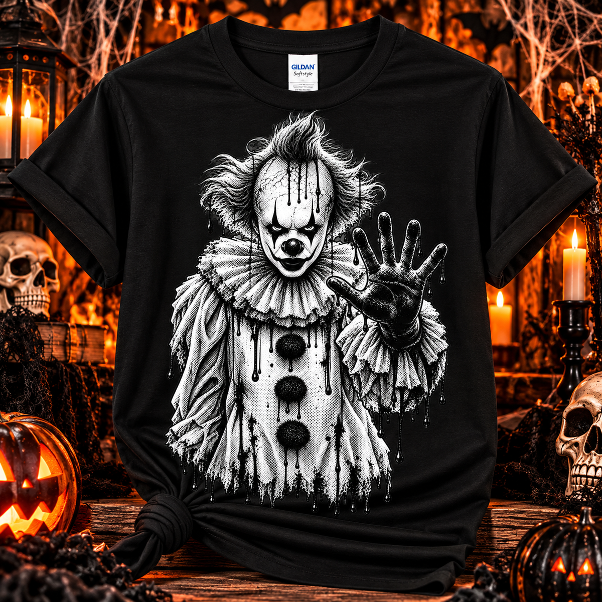 Nightmare Clown Halloween Tee – Creepy Black & White Horror Shirt